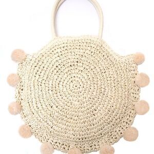 NEW Boho Beige Pom Pom Round Woven Beach Bag EUC